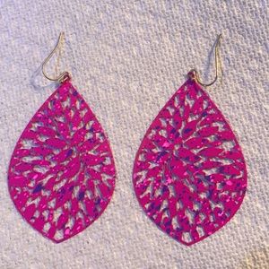 Pink metal earrings speckled with light pink and purple